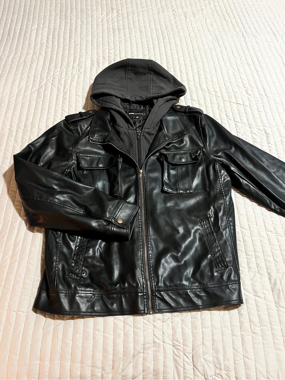 Decoded Men's Black Faux Leather Hooded Biker Style Jacket Size L